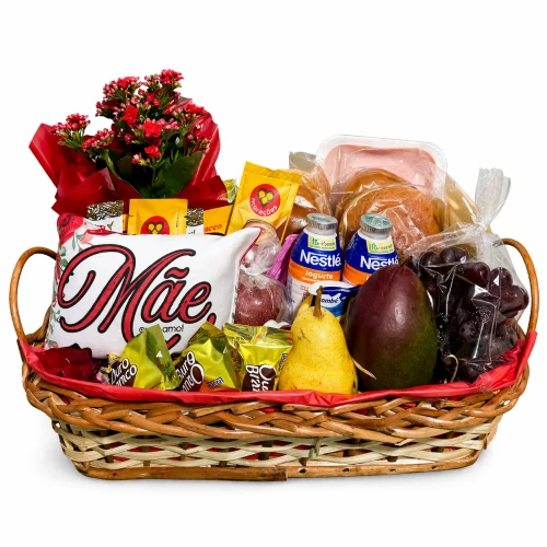 Cesta de Café Dia das Mães com Flores e Almofada